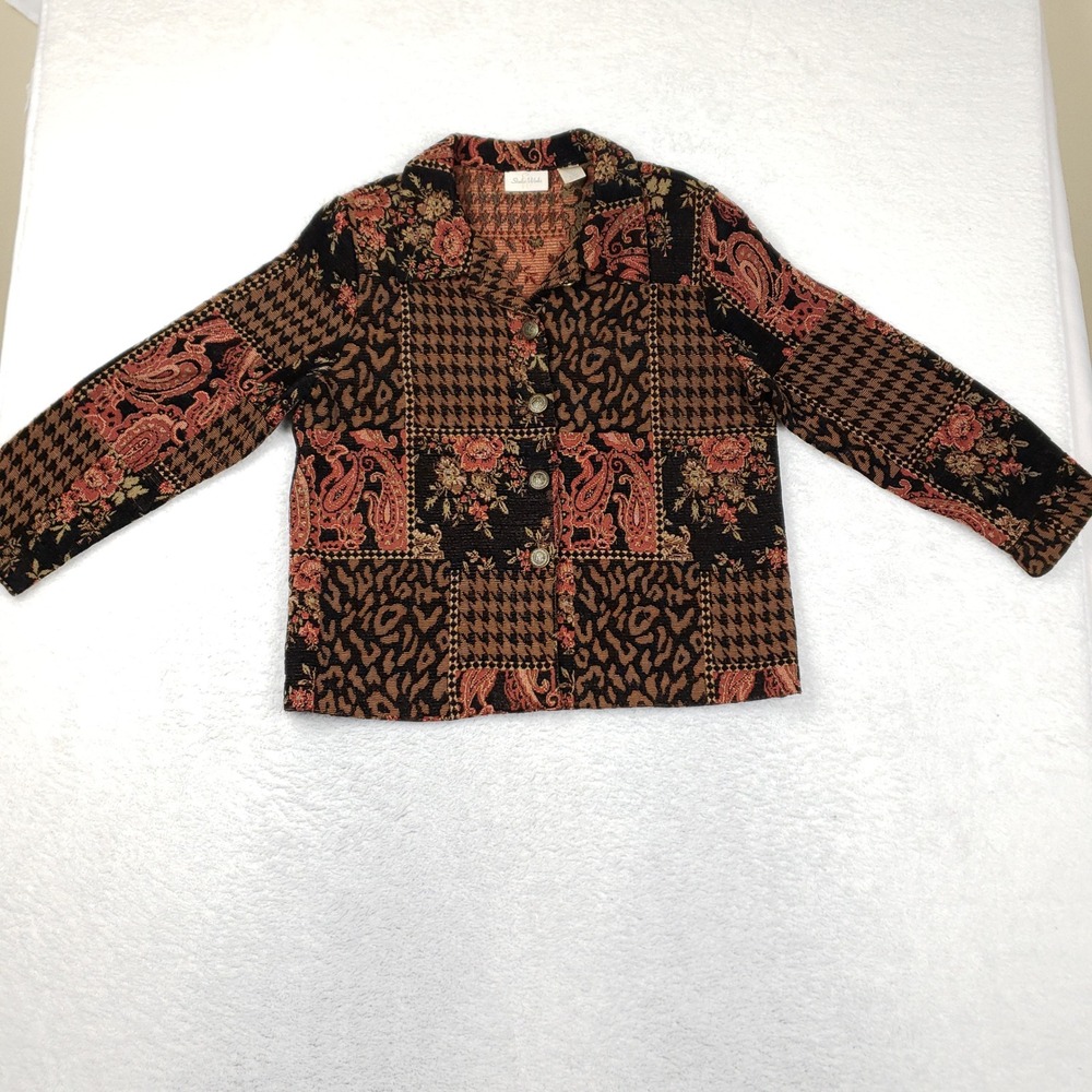 Studio Works Tapestry Patchwork Jacket Paisley Leopard Houndstooth Brown L 90s - Picture 2 of 16